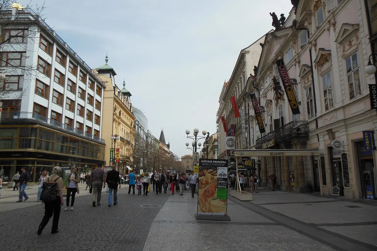 Pedestrians walk down the wide paved street Na Příkopě in Prague, between shops and old palaces